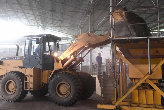 一名工作人員在廣西橫縣第二生活垃圾填埋堆肥車間,利用可堆肥垃圾生產(chǎn)肥料(4月12日攝)。 新華社記者 周華 攝