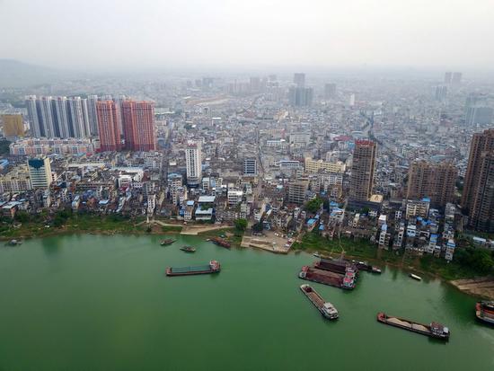 記者航拍的廣西橫縣縣城所在地橫州鎮(zhèn)(4月13日攝)。 新華社記者 周華 攝